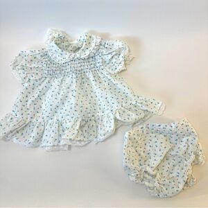 VTG Toddle Time by JcPenney Smocked‎ Dress Bloomer White w/ Blue Flowers 2pc set